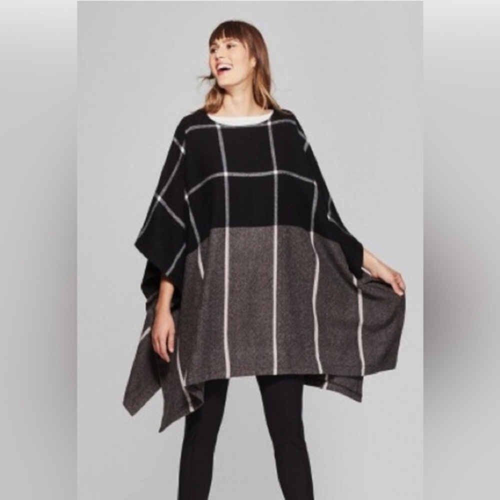 NWT A New Day Women's Black Gray Plaid Woven Poncho Sweater OSFM